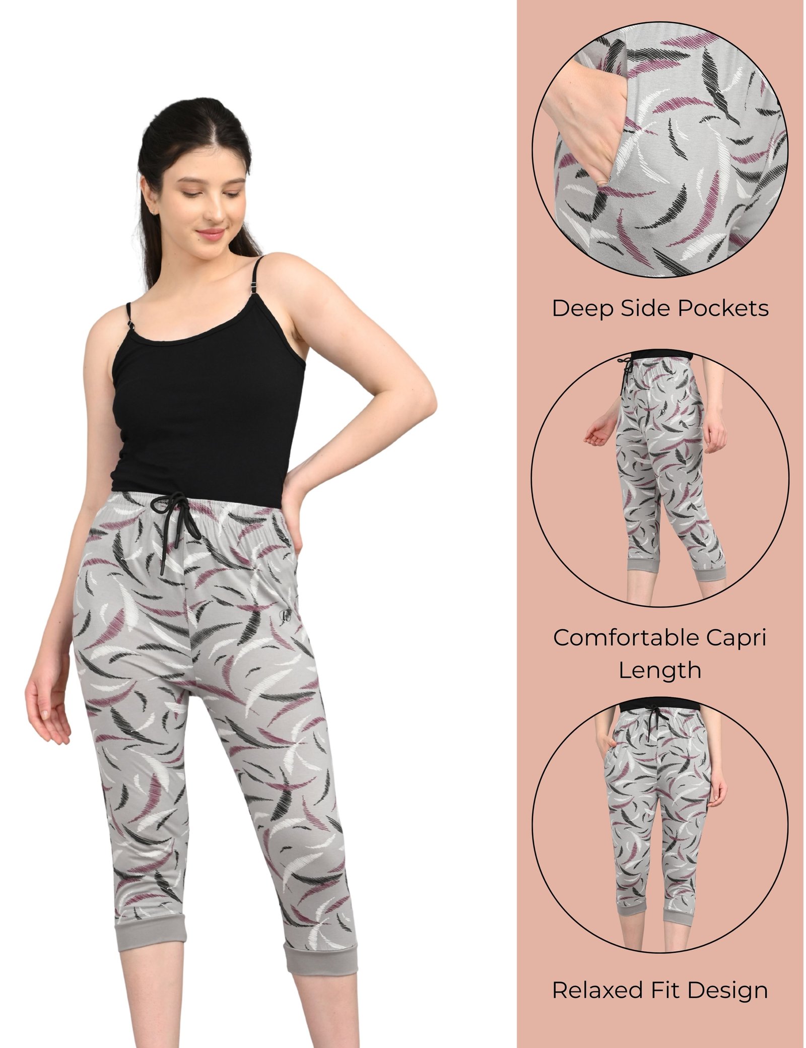 Printed Shorts for Women | Pocket & Drawstring | Soft & Comfortable Fit | Black and Grey | Pack of 2 - Image 3