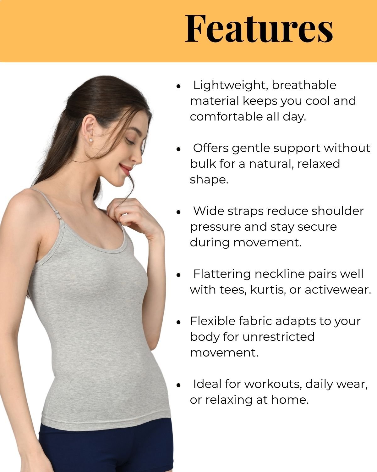 Camisole for Women | Adjustable Straps | Soft Breathable Fabric | Stretch Fit | Everyday Wear | Black and Grey | Pack of 2 - Image 5