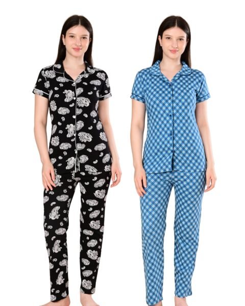 Women’s Cotton Night Suit Set | Soft Printed Shirt & Pyjama | Comfortable Sleepwear | Jet Black and Blue | Pack of 2