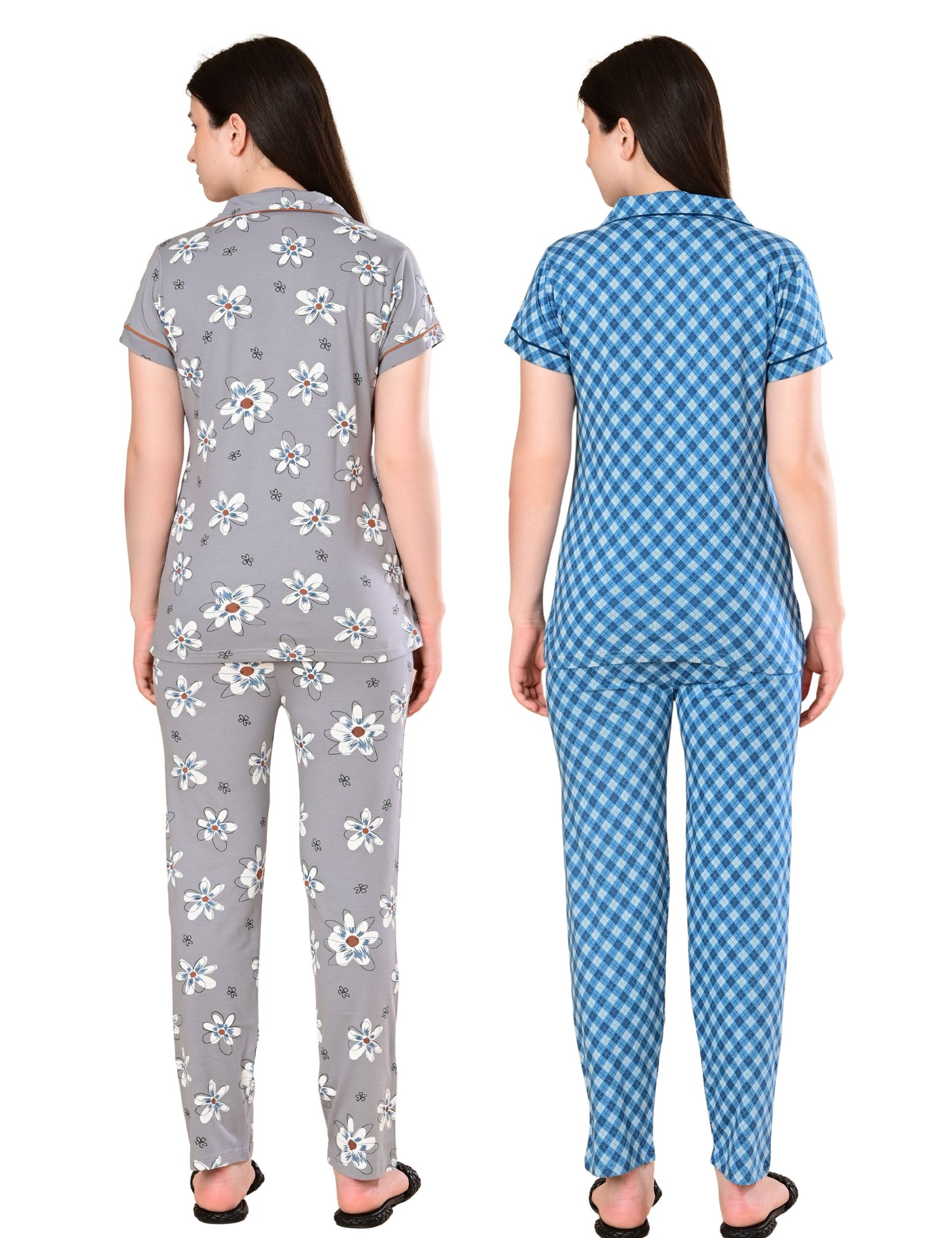 Women’s Cotton Night Suit Set | Soft Printed Shirt & Pyjama | Comfortable Sleepwear | Grey and Blue | Pack of 2 - Image 3