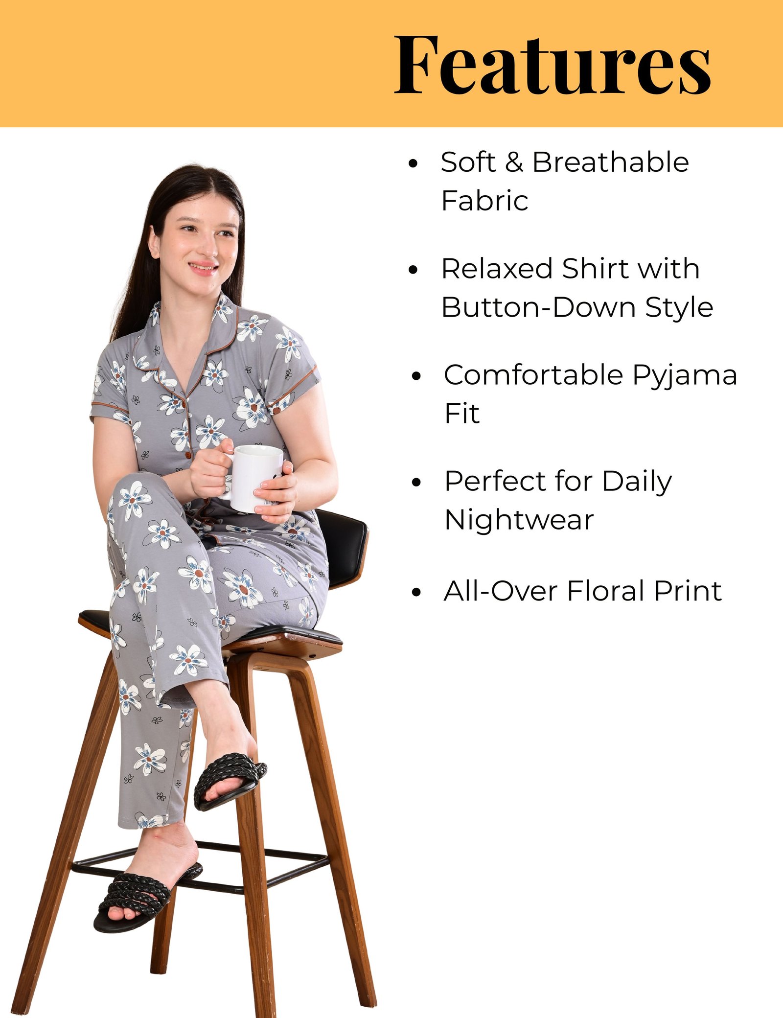 Women’s Cotton Night Suit Set | Soft Printed Shirt & Pyjama | Comfortable Sleepwear | Grey and Blue | Pack of 2 - Image 6