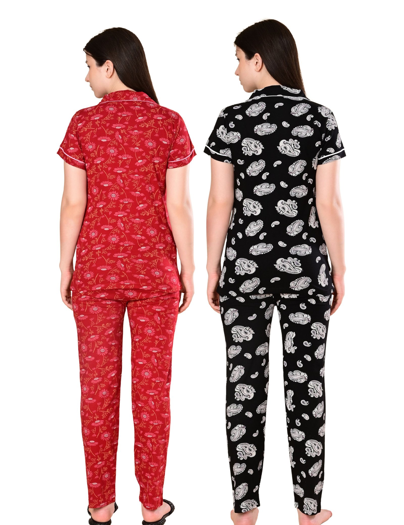 Women’s Cotton Night Suit Set | Soft Printed Shirt & Pyjama | Comfortable Sleepwear | Red and Jet Black | Pack of 2 - Image 2