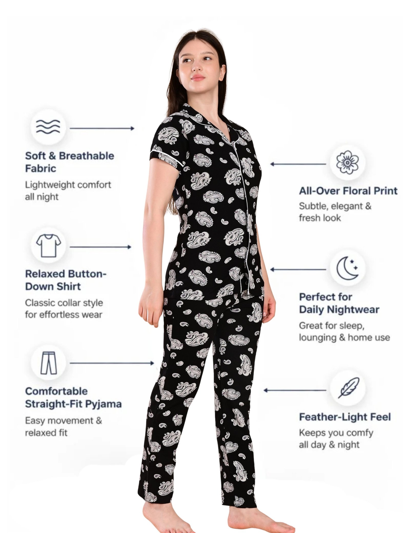 Women’s Cotton Night Suit Set | Soft Printed Shirt & Pyjama | Comfortable Sleepwear | Red and Jet Black | Pack of 2 - Image 3