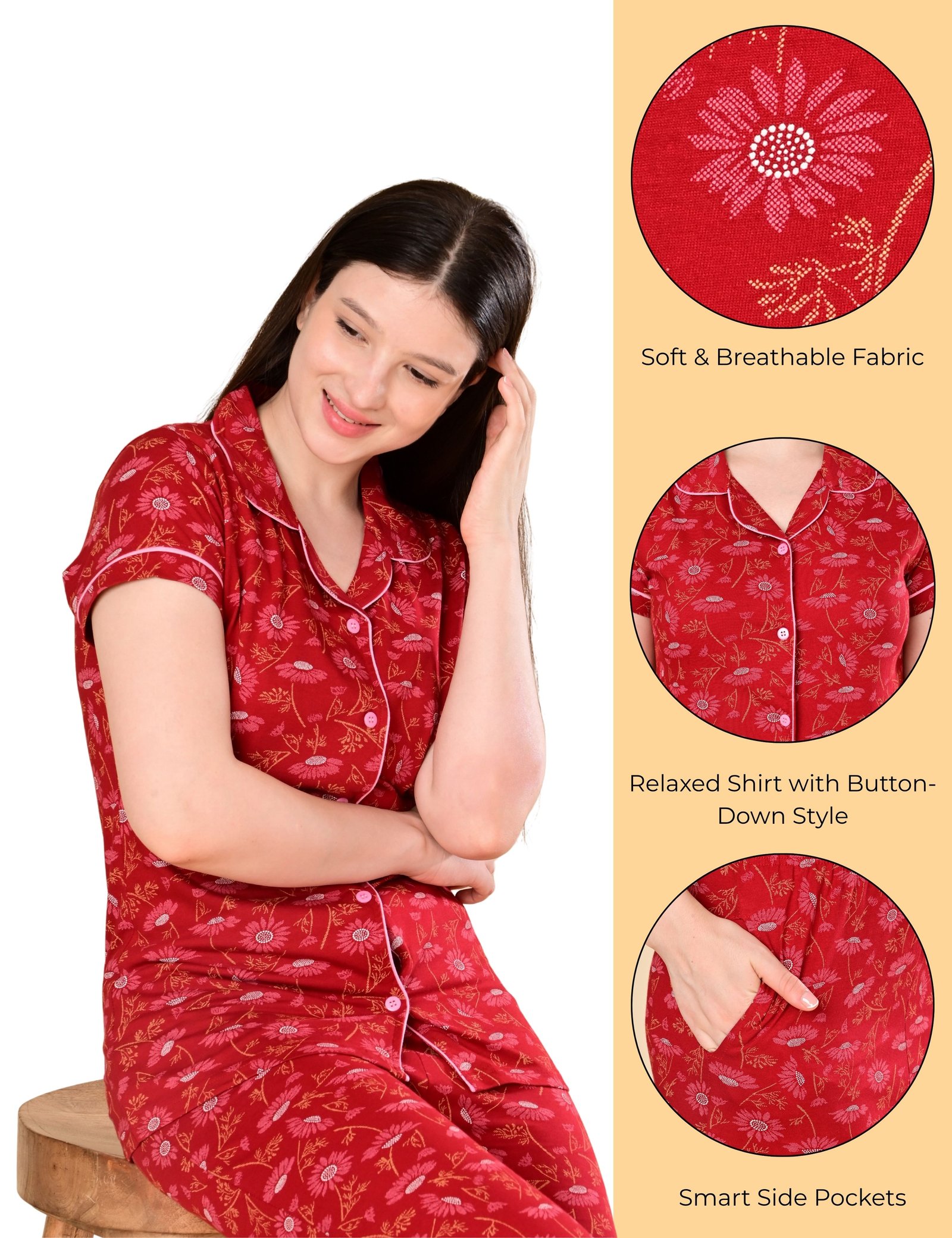 Women’s Cotton Night Suit Set | Soft Printed Shirt & Pyjama | Comfortable Sleepwear | Red and Jet Black | Pack of 2 - Image 4