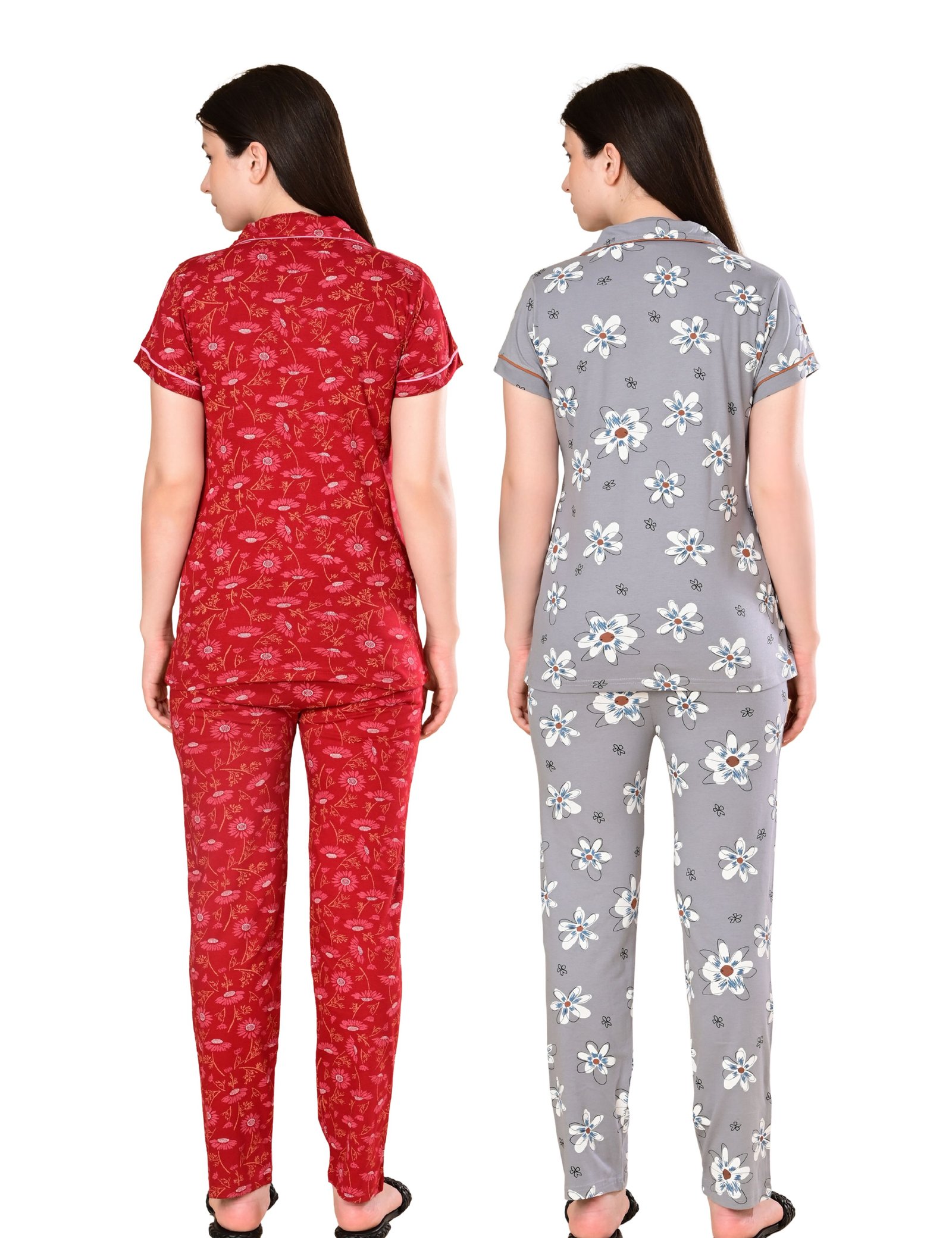 Women’s Cotton Night Suit Set | Soft Printed Shirt & Pyjama | Comfortable Sleepwear | Red and Grey | Pack of 2 - Image 2