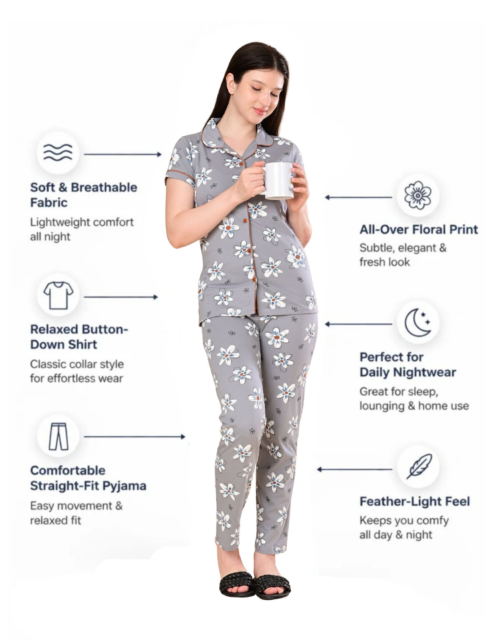 Women’s Cotton Night Suit Set | Soft Printed Shirt & Pyjama | Comfortable Sleepwear | Red and Grey | Pack of 2 - Image 3