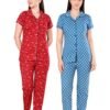 Women’s Cotton Night Suit Set | Soft Printed Shirt & Pyjama | Comfortable Sleepwear | Red and Grey | Pack of 2