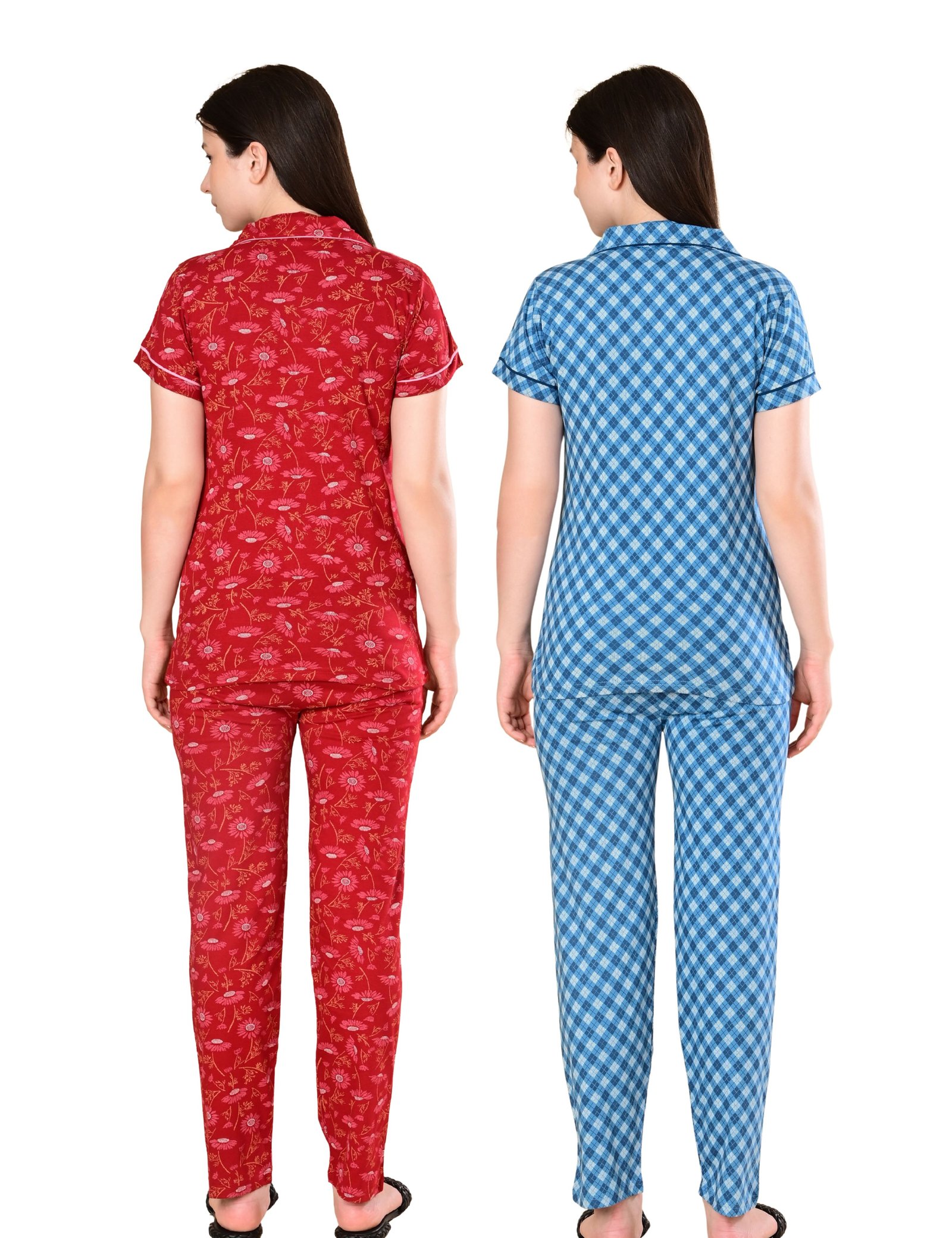 Women’s Cotton Night Suit Set | Soft Printed Shirt & Pyjama | Comfortable Sleepwear | Red and Grey | Pack of 2 - Image 2