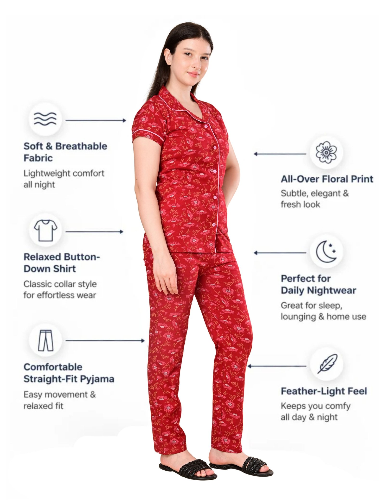 Women’s Cotton Night Suit Set | Soft Printed Shirt & Pyjama | Comfortable Sleepwear | Red and Grey | Pack of 2 - Image 3