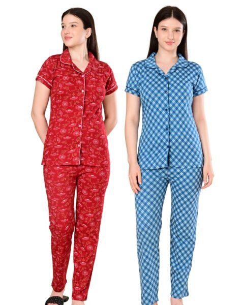 Women’s Cotton Night Suit Set | Soft Printed Shirt & Pyjama | Comfortable Sleepwear | Red and Grey | Pack of 2