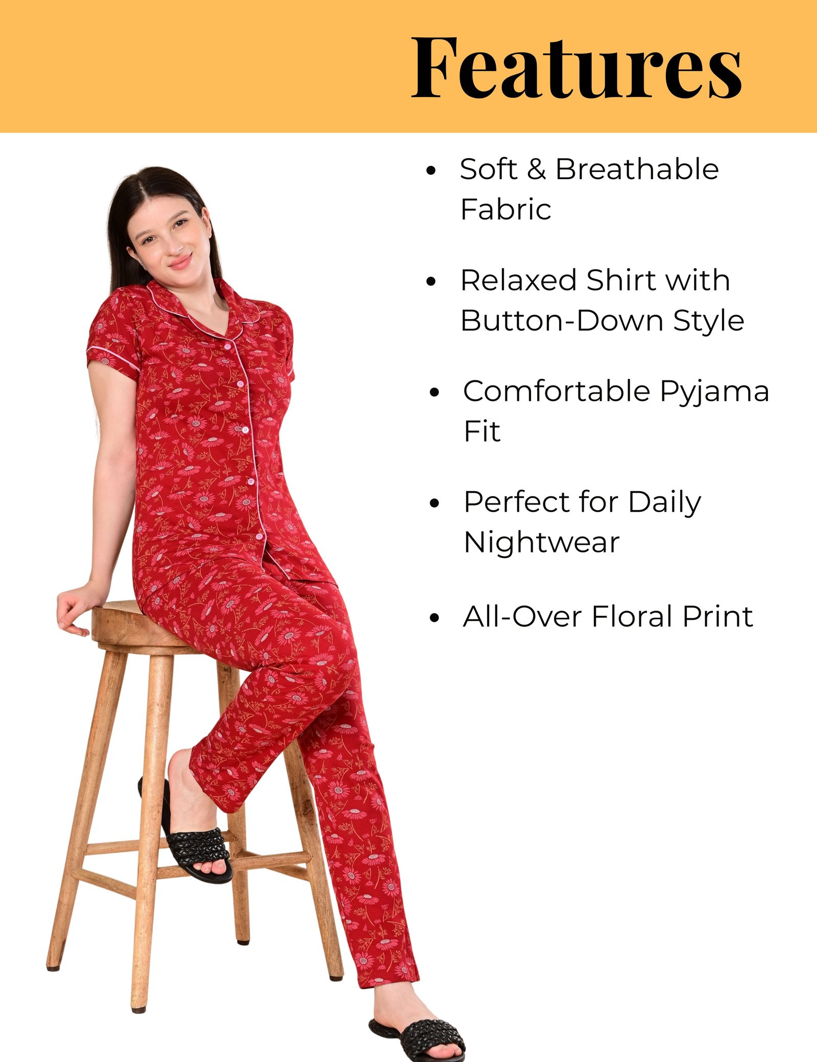 Women’s Cotton Night Suit Set | Soft Printed Shirt & Pyjama | Comfortable Sleepwear | Red and Grey | Pack of 2 - Image 5