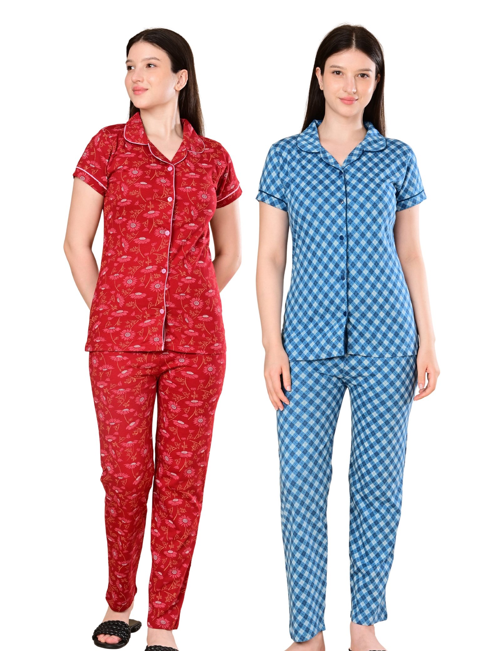 Women’s Cotton Night Suit Set | Soft Printed Shirt & Pyjama | Comfortable Sleepwear | Red and Grey | Pack of 2