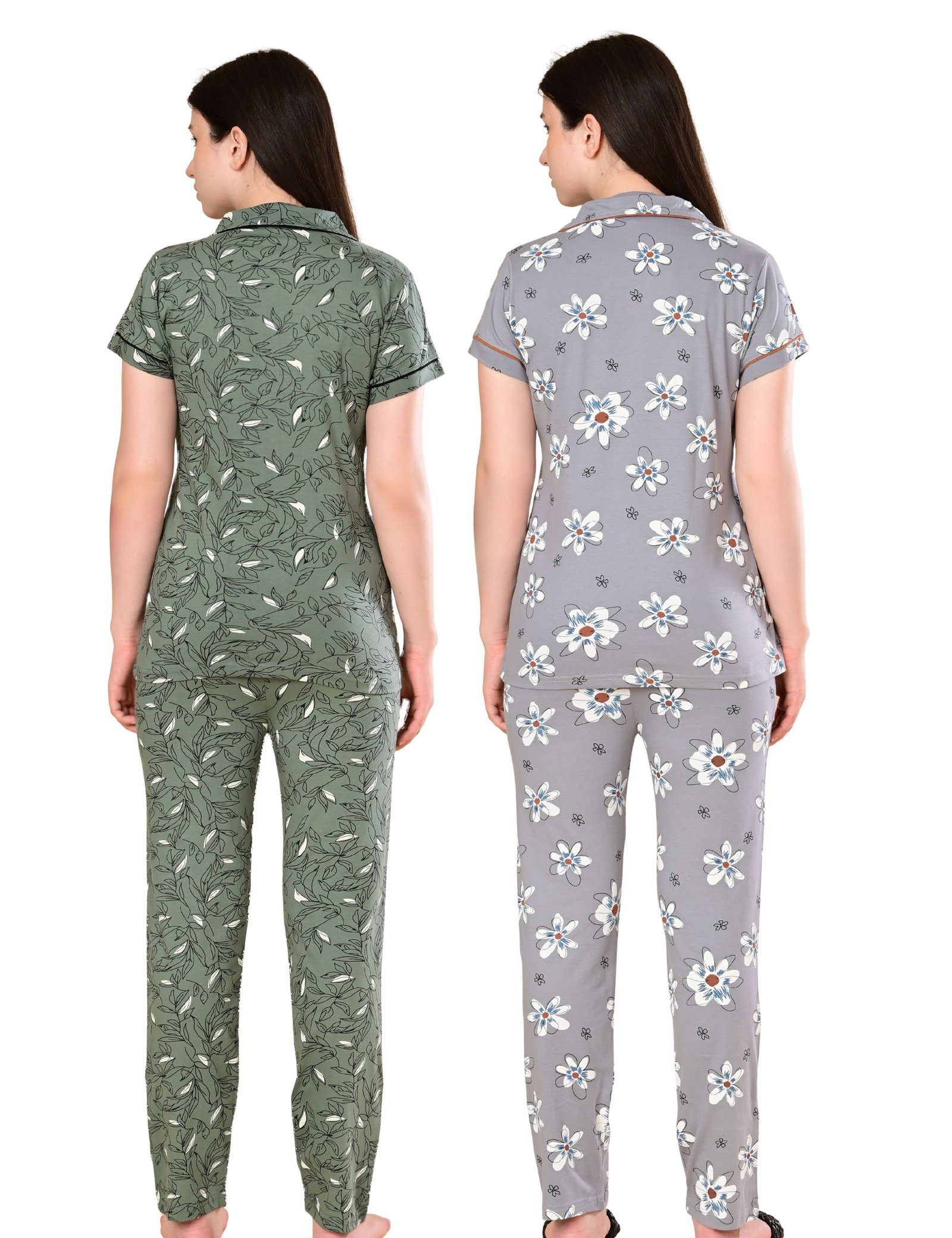Women’s Cotton Night Suit Set | Soft Printed Shirt & Pyjama | Comfortable Sleepwear | Olive Green and Grey | Pack of 2 - Image 2
