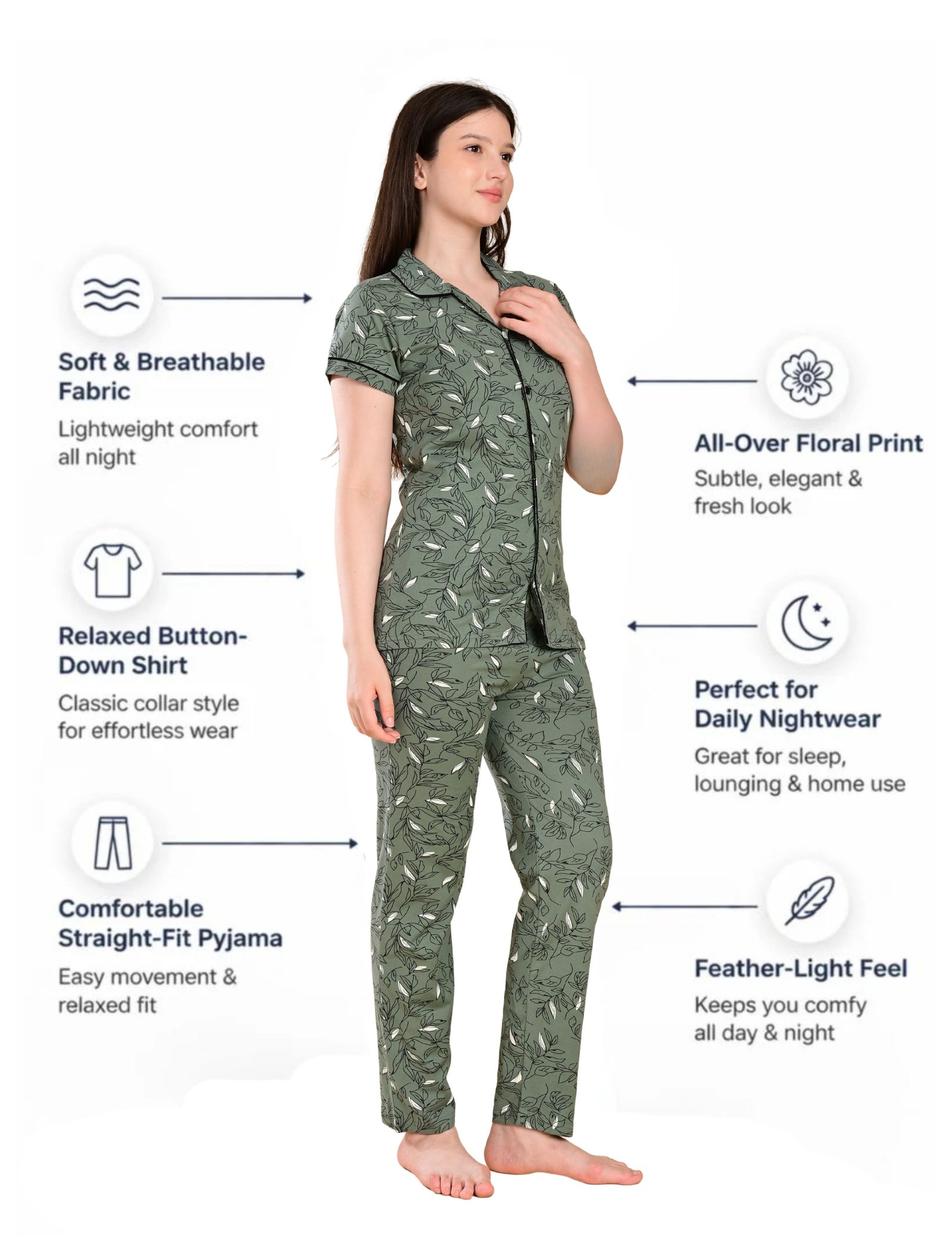 Women’s Cotton Night Suit Set | Soft Printed Shirt & Pyjama | Comfortable Sleepwear | Olive Green and Grey | Pack of 2 - Image 3