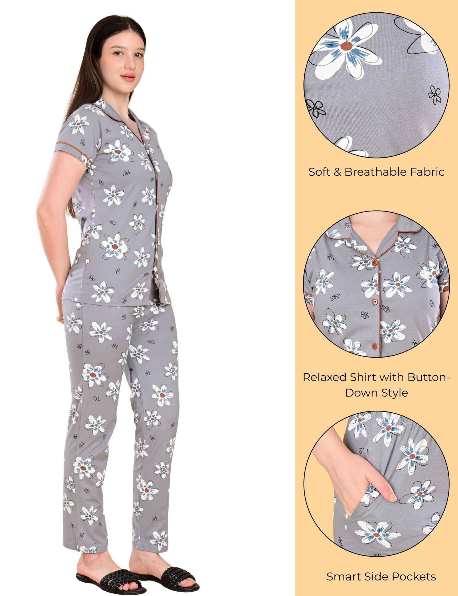 Women’s Cotton Night Suit Set | Soft Printed Shirt & Pyjama | Comfortable Sleepwear | Olive Green and Grey | Pack of 2 - Image 4