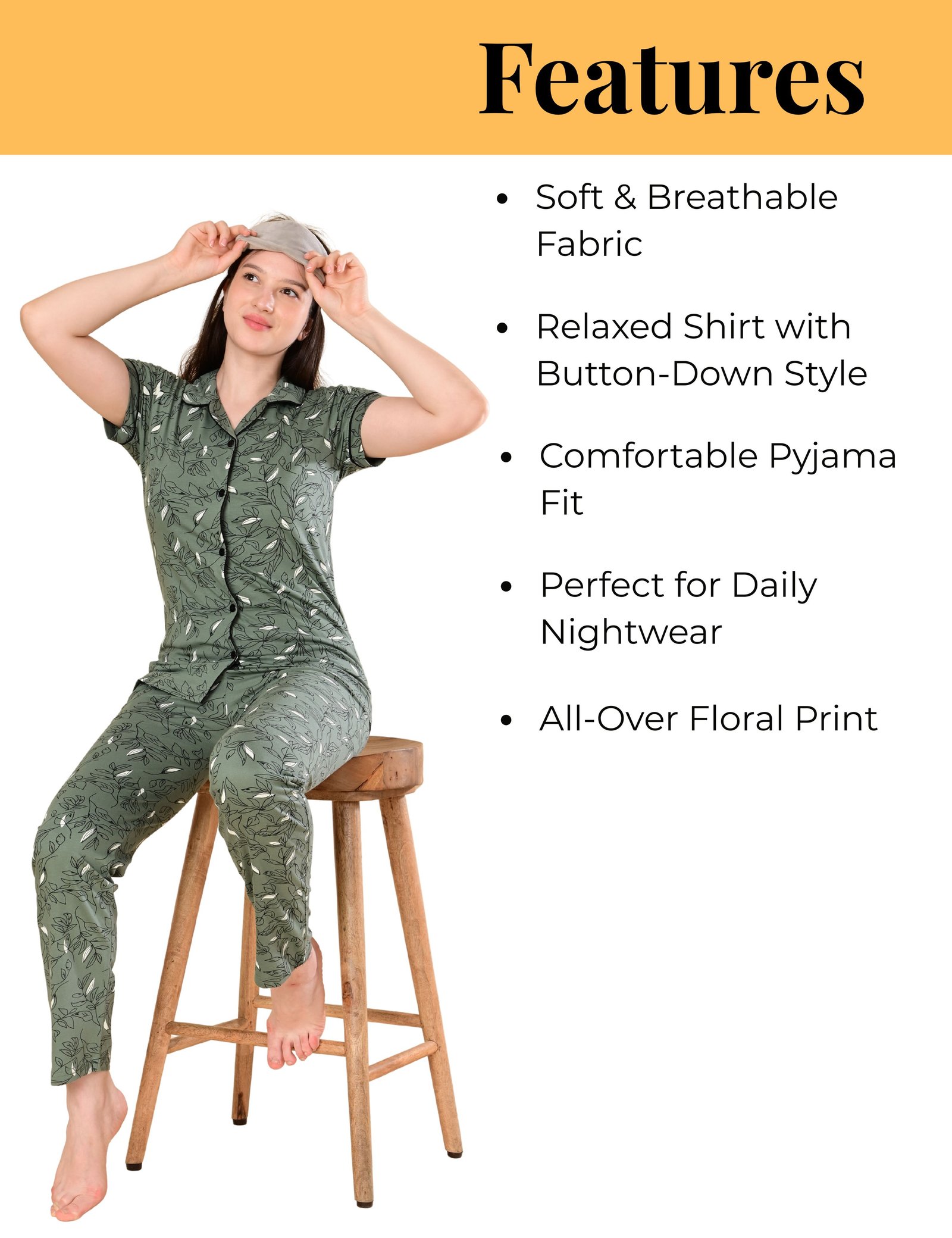 Women’s Cotton Night Suit Set | Soft Printed Shirt & Pyjama | Comfortable Sleepwear | Olive Green and Grey | Pack of 2 - Image 5